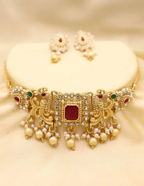 Antique_Gold_Ruby_Beads_Elephant_Design_Choker_Necklace_Set