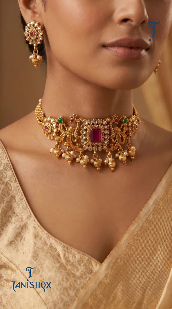 Antique_Gold_Ruby_Beads_Elephant_Design_Choker_Necklace_Set
