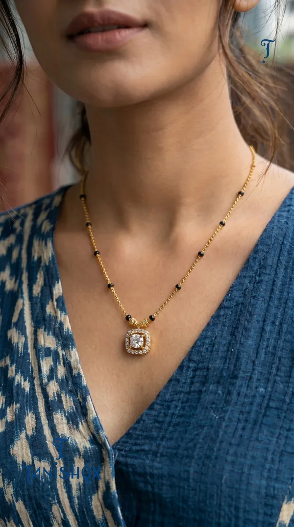 Gold_Plated_Square_Diamond_Pendant_Mangalsutra_With_Black_Beads_For_Women