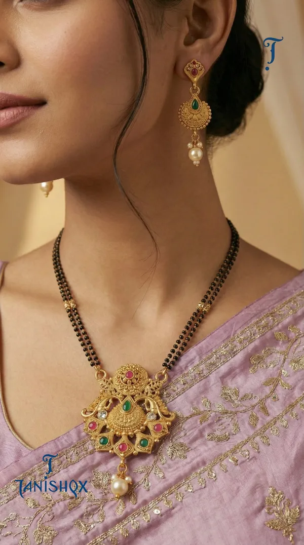 Micro_Gold_Plated_Diamond_Studded_Fancy_Flower_Square_Mangalsutra_Set_With_Earrings