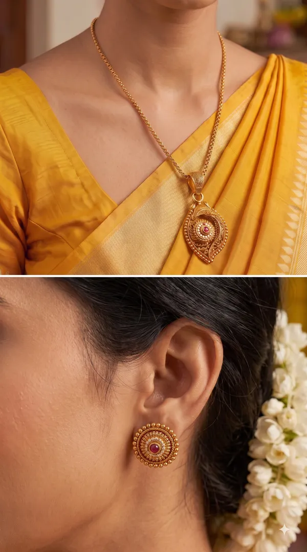 Antique_Gold_Leaf-Shaped_Pendant_Necklace_with_Round_Matching_Earrings_Set