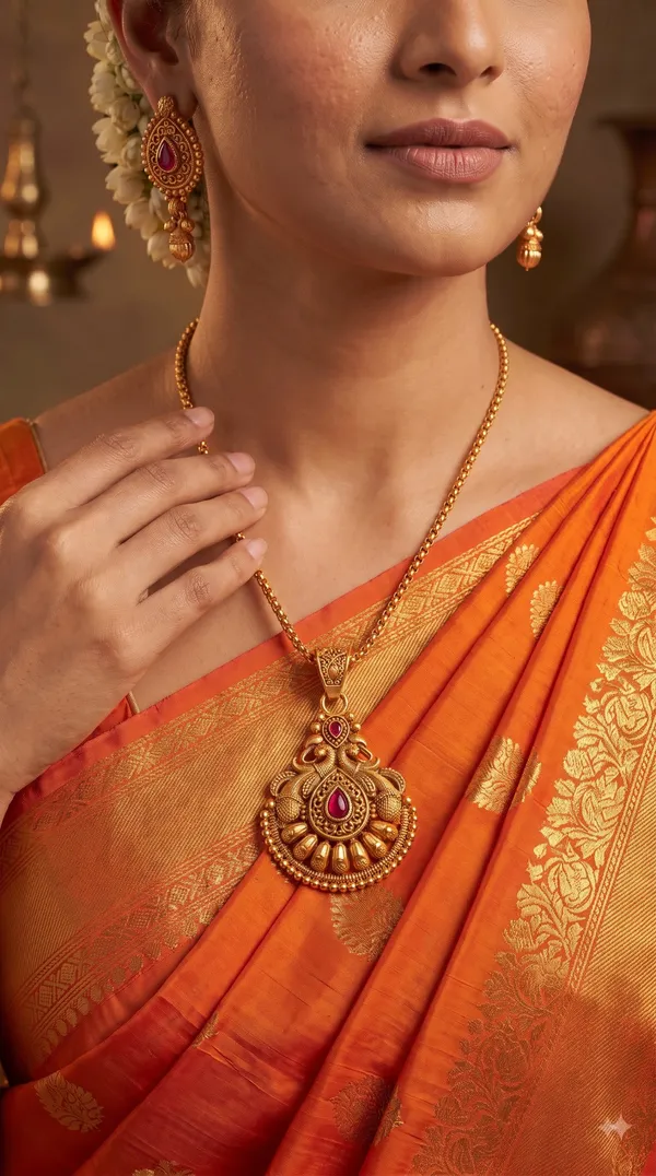Ruby_Drop_Motif_Antique_Gold_Necklace_&_Earring_Jewellery_Set