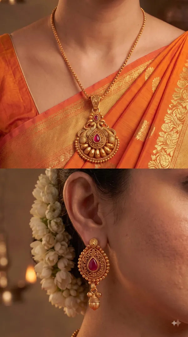Ruby_Drop_Motif_Antique_Gold_Necklace_&_Earring_Jewellery_Set