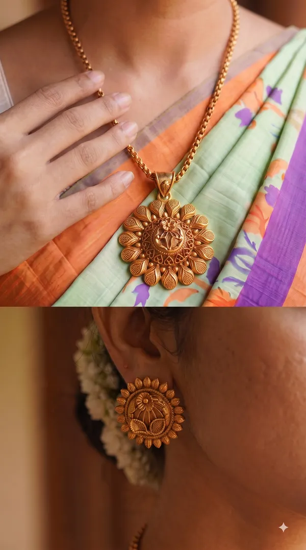 Antique_Gold_Floral_Leaf_Motif_Pendant_Necklace_Set