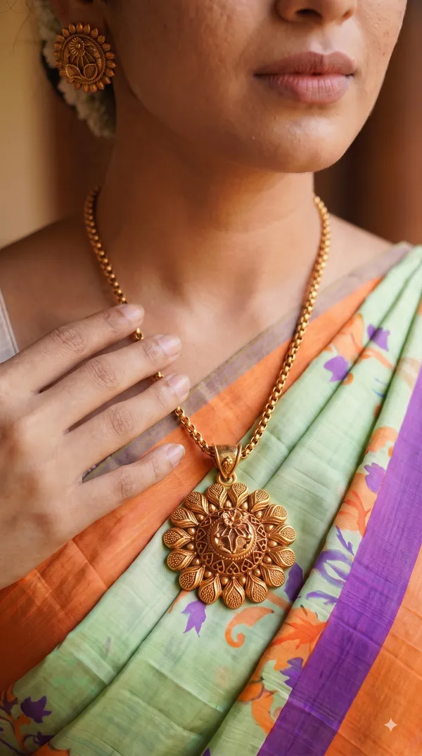 Antique_Gold_Floral_Leaf_Motif_Pendant_Necklace_Set