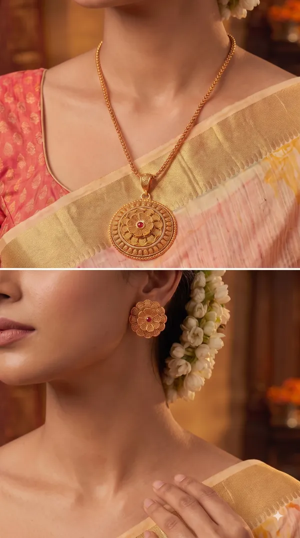 Antique_Gold_Floral_Medallion_Necklace_Set_with_Ruby_Accent