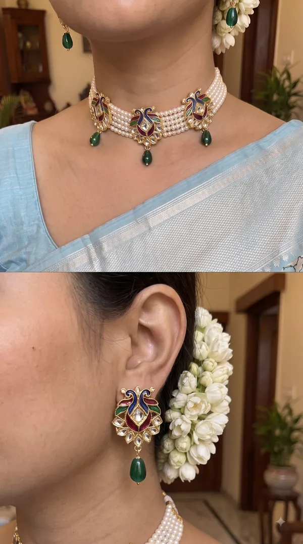 Meenakari_Pearl_Choker_Necklace_Set_with_Green_Beads_&_Peacock_Design
