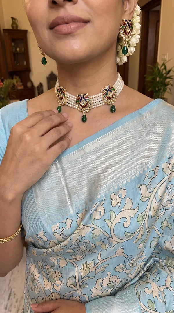 Meenakari_Pearl_Choker_Necklace_Set_with_Green_Beads_&_Peacock_Design