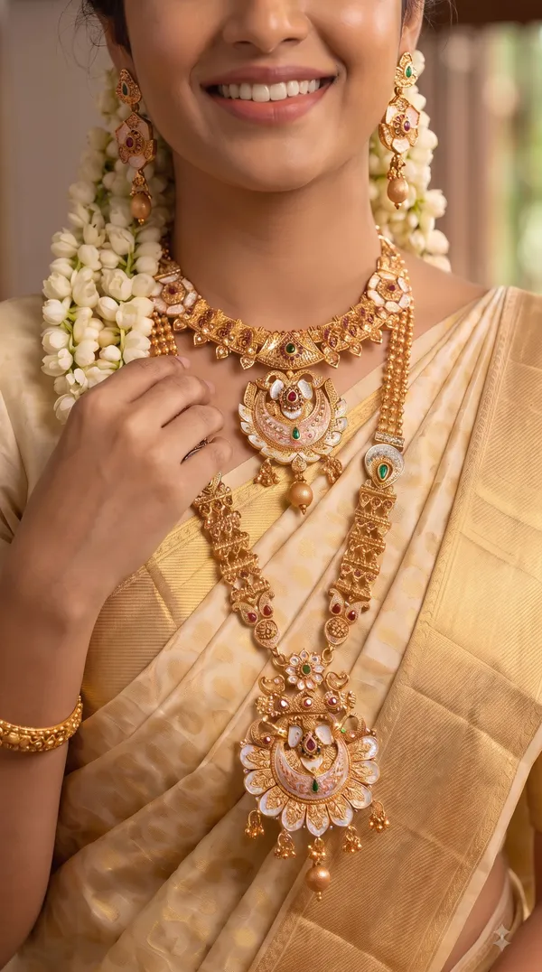 Dual-Layer_Ruby_Green_Gold_Necklace_Set_with_Pearl_Strands,_Pendant_Earrings_&_Maang_Tikka