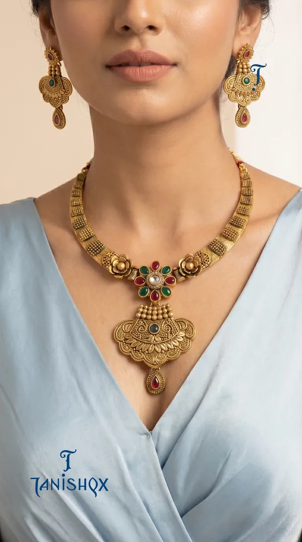 Peacock_Motif_Gold_Necklace_With_Multi_Stone_Floral_Pendant_Set