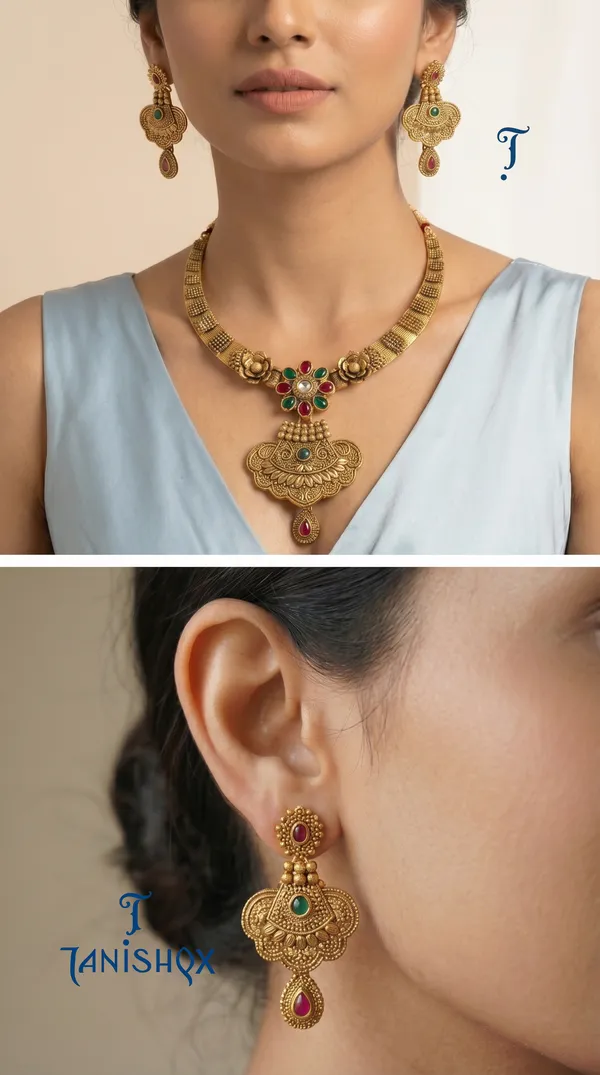 Peacock_Motif_Gold_Necklace_With_Multi_Stone_Floral_Pendant_Set