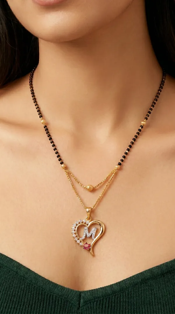 Gold_Plated_Initial_Heart_Pendant_Mangalsutra_With_Black_Beads_For_Women