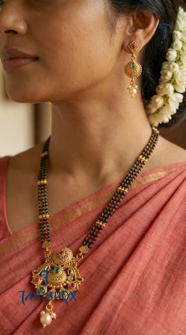 Micro_Gold_Plated_Diamond_Studded_Fancy_Flower_Square_Mangalsutra_Set_With_Earrings