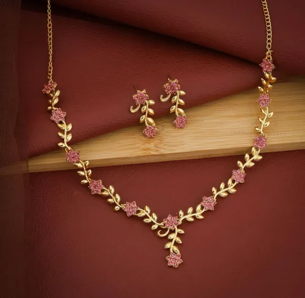 Rose_Gold_Floral_Vine_Necklace_&_Earrings_Set_With_Pink_Stone_Detailing