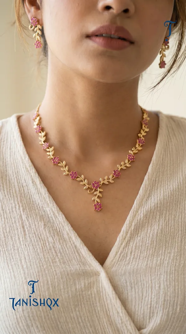 Rose_Gold_Floral_Vine_Necklace_&_Earrings_Set_With_Pink_Stone_Detailing
