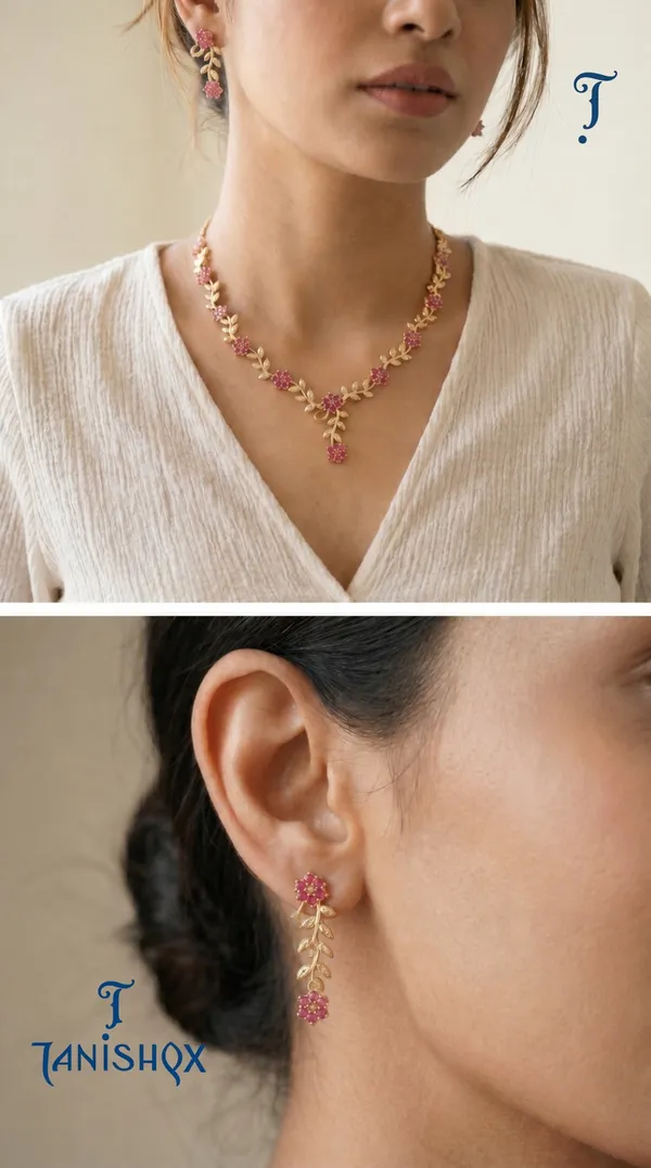 Rose_Gold_Floral_Vine_Necklace_&_Earrings_Set_With_Pink_Stone_Detailing