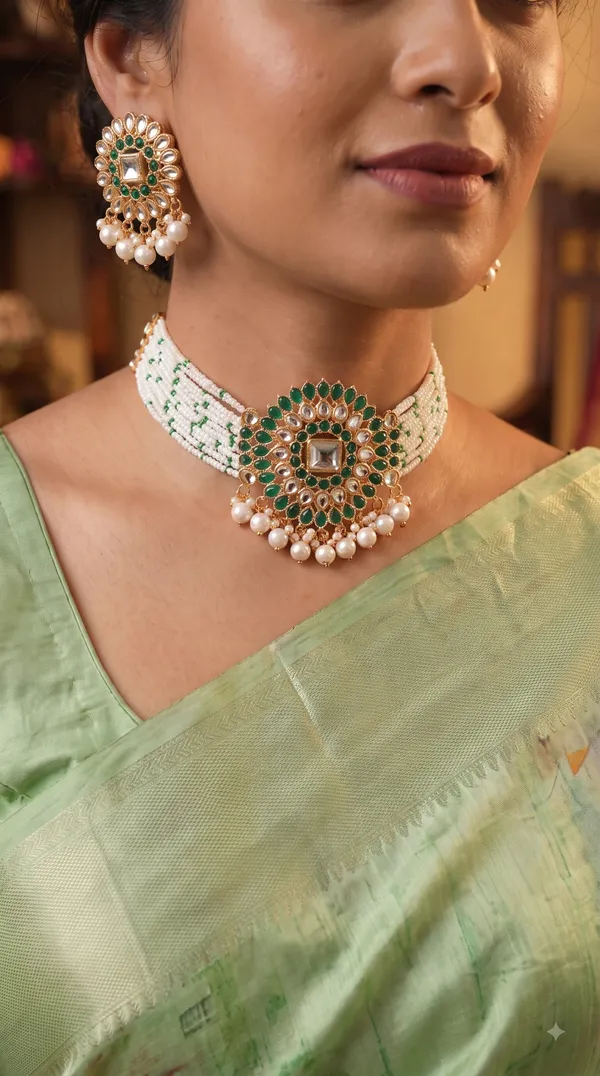 Green_Kundan_&_Pearl_Multi-Strand_Necklace_Set_with_Matching_Earrings