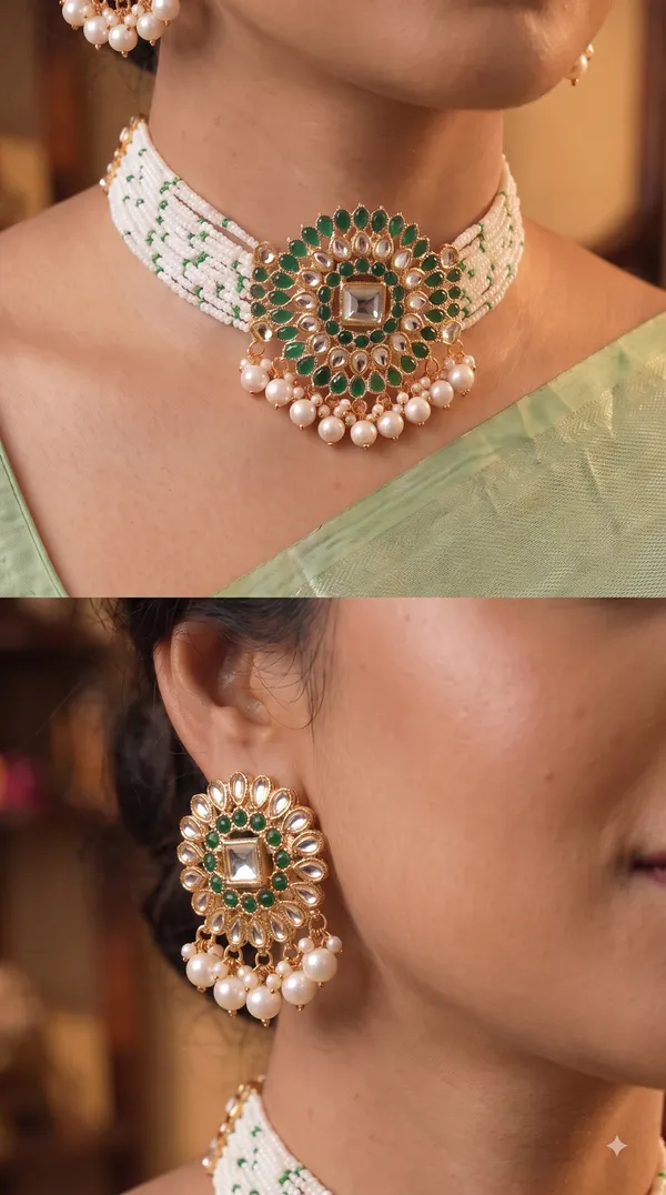 Green_Kundan_&_Pearl_Multi-Strand_Necklace_Set_with_Matching_Earrings