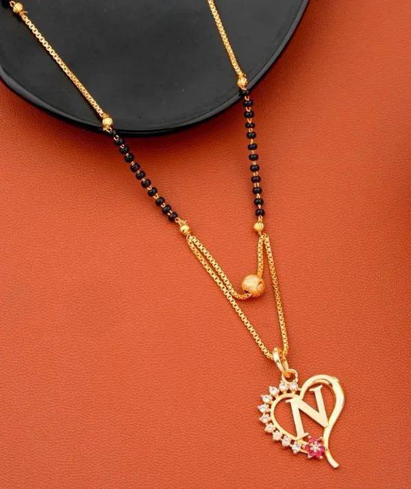 Gold_Plated_Initial_Heart_Pendant_Mangalsutra_With_Black_Beads_For_Women