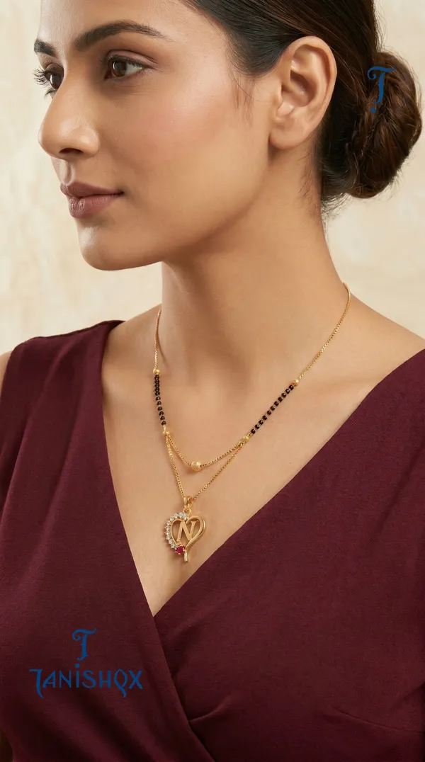 Gold_Plated_Initial_Heart_Pendant_Mangalsutra_With_Black_Beads_For_Women