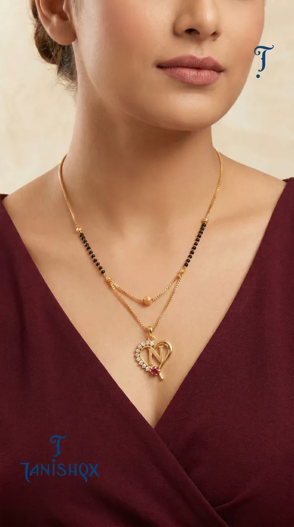 Gold_Plated_Initial_Heart_Pendant_Mangalsutra_With_Black_Beads_For_Women