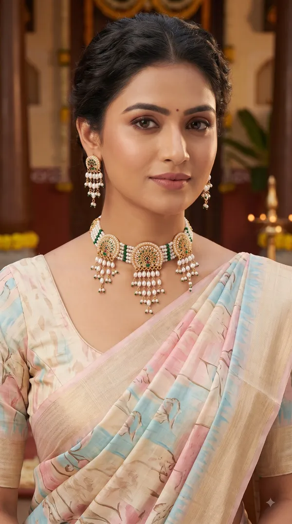 Elegant_White_Pearl_&_Green_Bead_Multi-Strand_Choker_Set_with_Intricate_Peacock_Motif_and_Matching_Pearl_Drop_Earrings