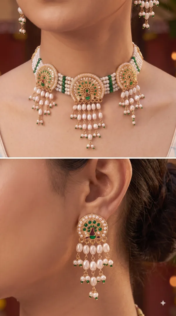 Elegant_White_Pearl_&_Green_Bead_Multi-Strand_Choker_Set_with_Intricate_Peacock_Motif_and_Matching_Pearl_Drop_Earrings