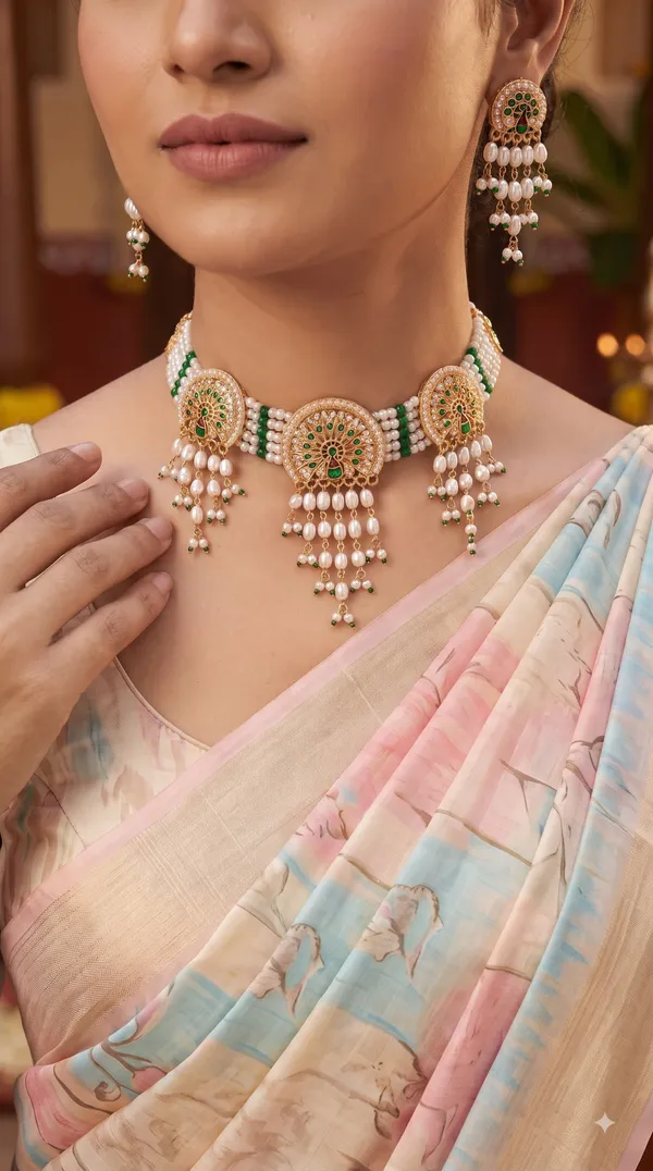 Elegant_White_Pearl_&_Green_Bead_Multi-Strand_Choker_Set_with_Intricate_Peacock_Motif_and_Matching_Pearl_Drop_Earrings