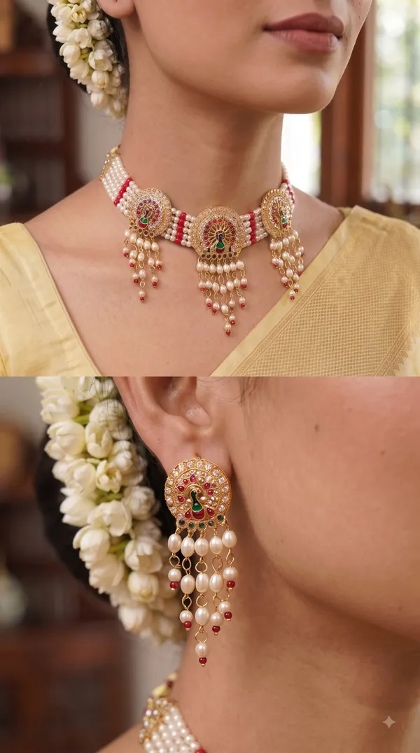 Elegant_White_Pearl_&_Red_Bead_Multi-Strand_Choker_Set_with_Intricate_Peacock_Motif_and_Matching_Pearl_Drop_Earrings