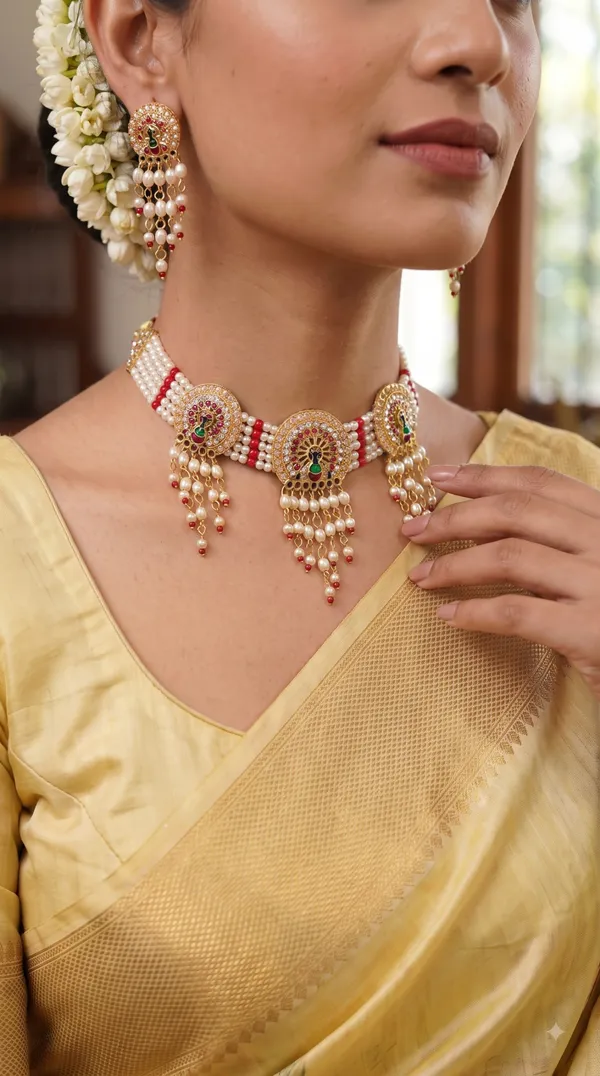 Elegant_White_Pearl_&_Red_Bead_Multi-Strand_Choker_Set_with_Intricate_Peacock_Motif_and_Matching_Pearl_Drop_Earrings