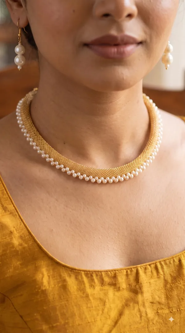Elegant_Pearl_Necklace_Set_with_Gold-Tone_Mesh_Design_&_Matching_Earrings