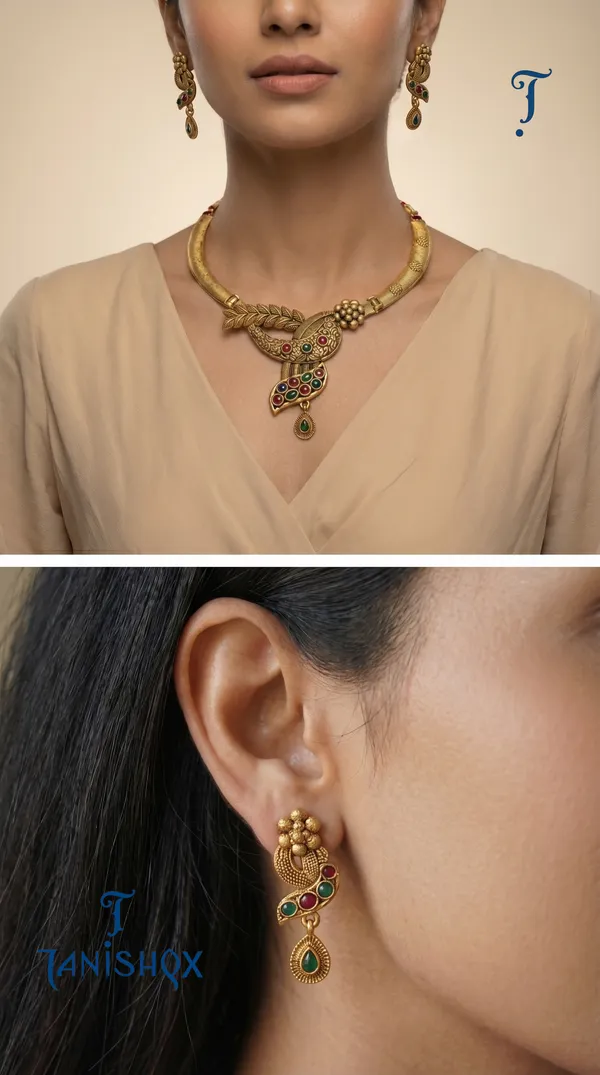 Leaf_Motif_Gold_Necklace_Set_With_Multi_Color_Stones_&_Earrings