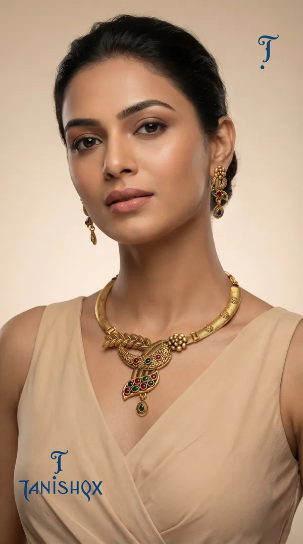 Leaf_Motif_Gold_Necklace_Set_With_Multi_Color_Stones_&_Earrings