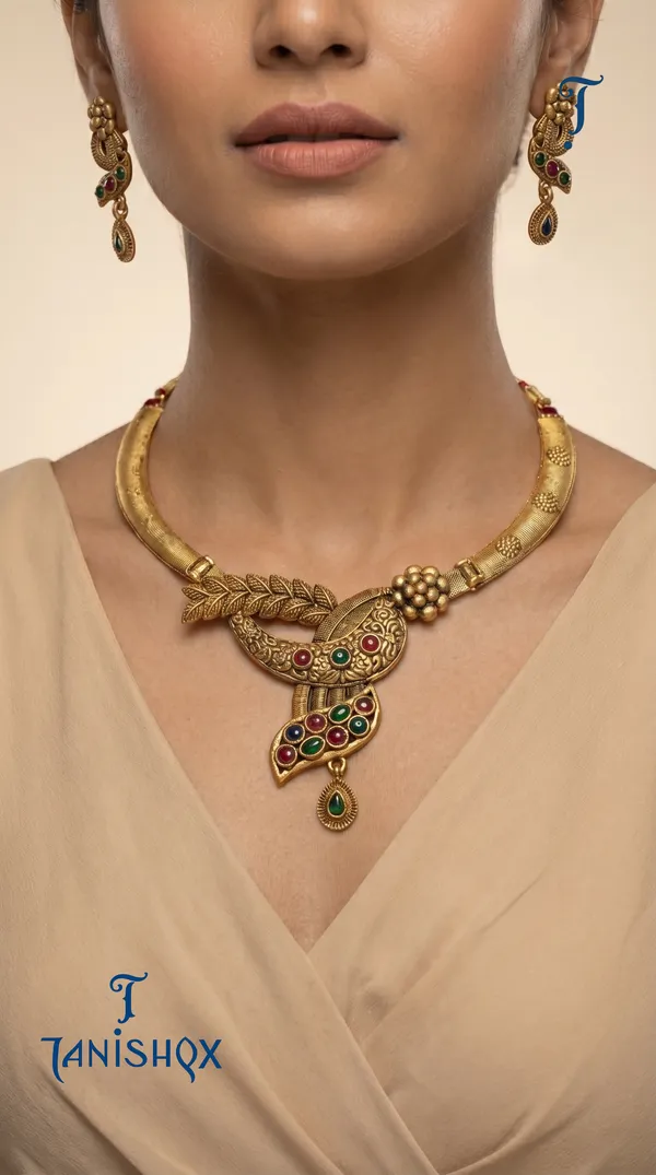 Leaf_Motif_Gold_Necklace_Set_With_Multi_Color_Stones_&_Earrings