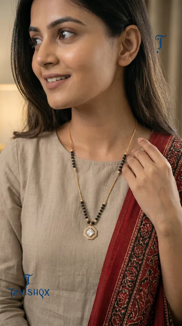 Gold_Plated_Square_Diamond_Pendant_Mangalsutra_With_Black_Beads_For_Women