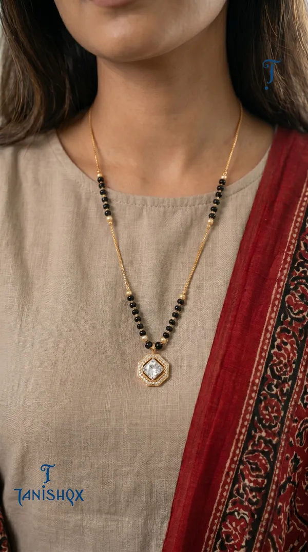 Gold_Plated_Square_Diamond_Pendant_Mangalsutra_With_Black_Beads_For_Women