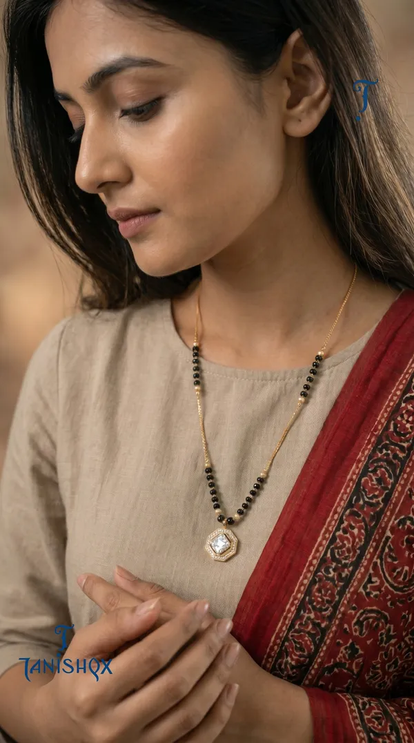 Gold_Plated_Square_Diamond_Pendant_Mangalsutra_With_Black_Beads_For_Women