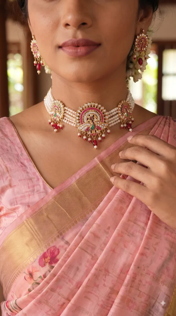 Elegant_White_Pearl_Multi-Strand_Choker_Necklace_Set_with_Peacock_Motif,_Pink_Stone_Detailing_&_Matching_Drop_Earrings