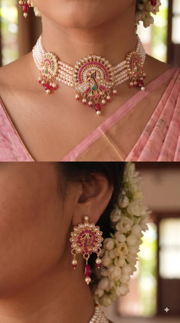 Elegant_White_Pearl_Multi-Strand_Choker_Necklace_Set_with_Peacock_Motif,_Pink_Stone_Detailing_&_Matching_Drop_Earrings