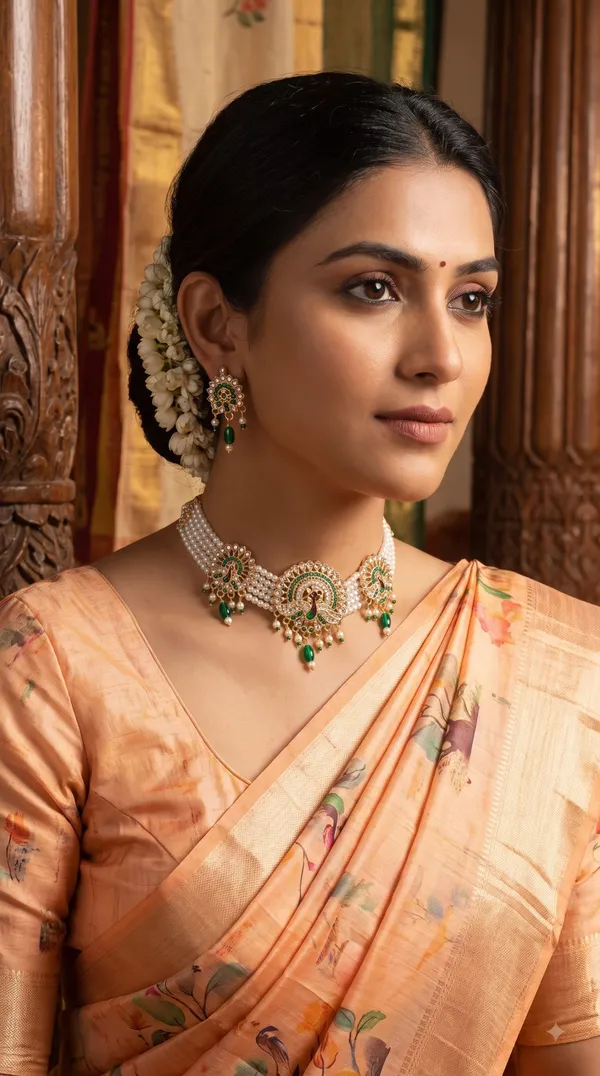 Elegant_White_Pearl_Multi-Strand_Choker_Necklace_Set_with_Peacock_Motif,_Green_Stone_Detailing_&_Matching_Drop_Earrings