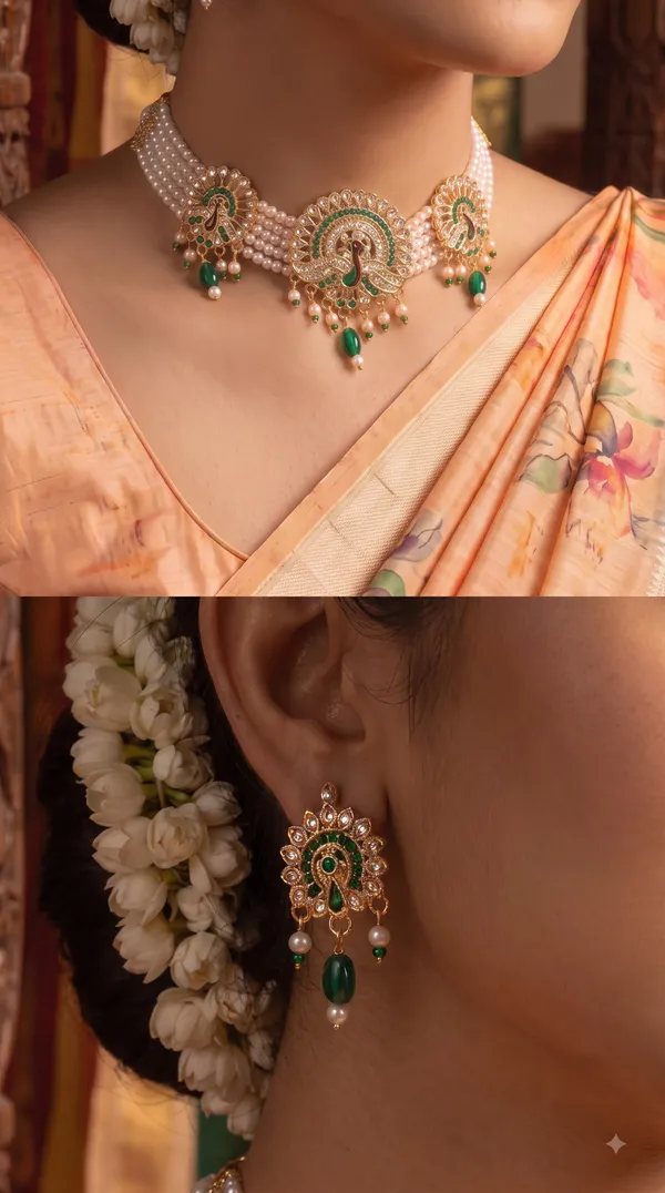 Elegant_White_Pearl_Multi-Strand_Choker_Necklace_Set_with_Peacock_Motif,_Green_Stone_Detailing_&_Matching_Drop_Earrings