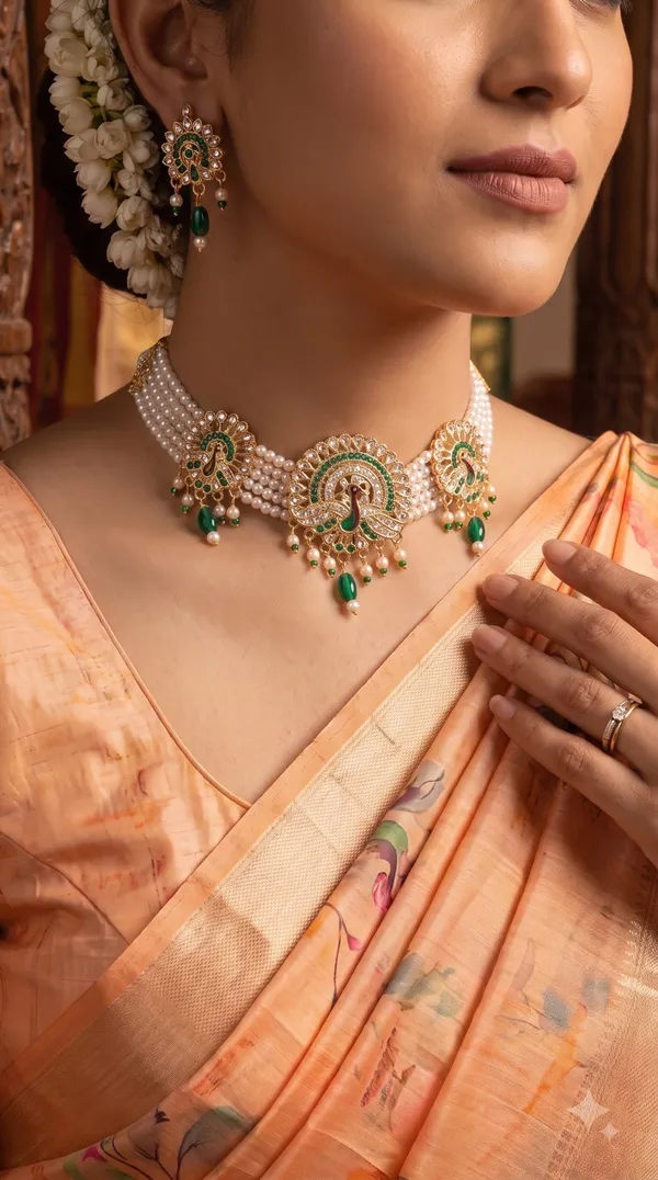 Elegant_White_Pearl_Multi-Strand_Choker_Necklace_Set_with_Peacock_Motif,_Green_Stone_Detailing_&_Matching_Drop_Earrings