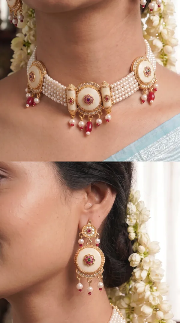 Pearl_Multi-Strand_Choker_Necklace_Set_with_Intricate_Floral_Motif_&_Matching_Drop_Earrings