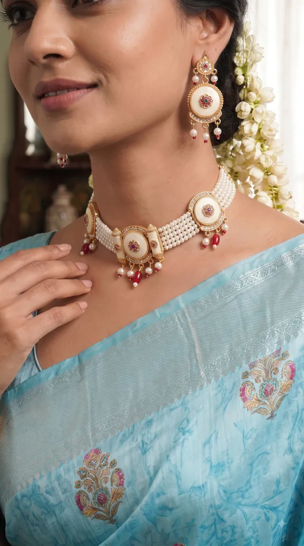 Pearl_Multi-Strand_Choker_Necklace_Set_with_Intricate_Floral_Motif_&_Matching_Drop_Earrings