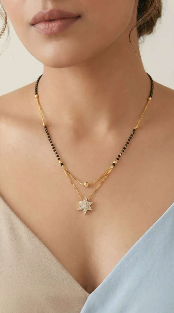 Elegant_Black_Beaded_Mangalsutra_With_Gold_Dual_Chain_&_Star_Pendant_Design