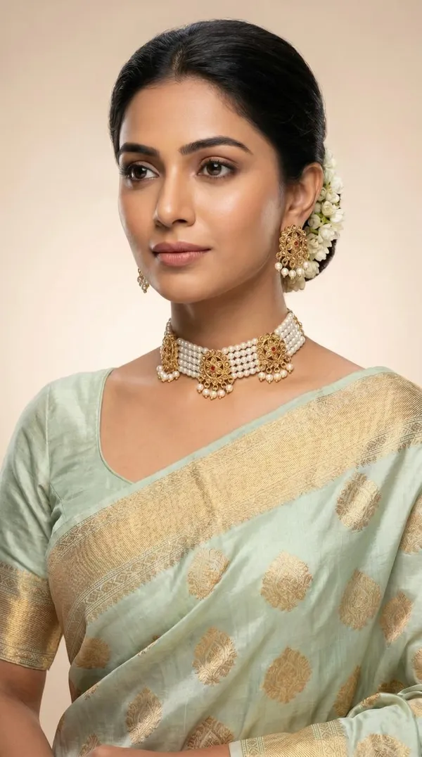 Meenakari_Pearl_Choker_Necklace_Set_with_Green_Beads_&_Peacock_Design