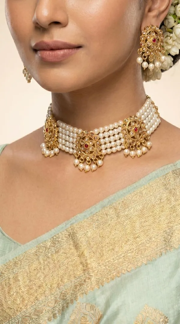 Meenakari_Pearl_Choker_Necklace_Set_with_Green_Beads_&_Peacock_Design