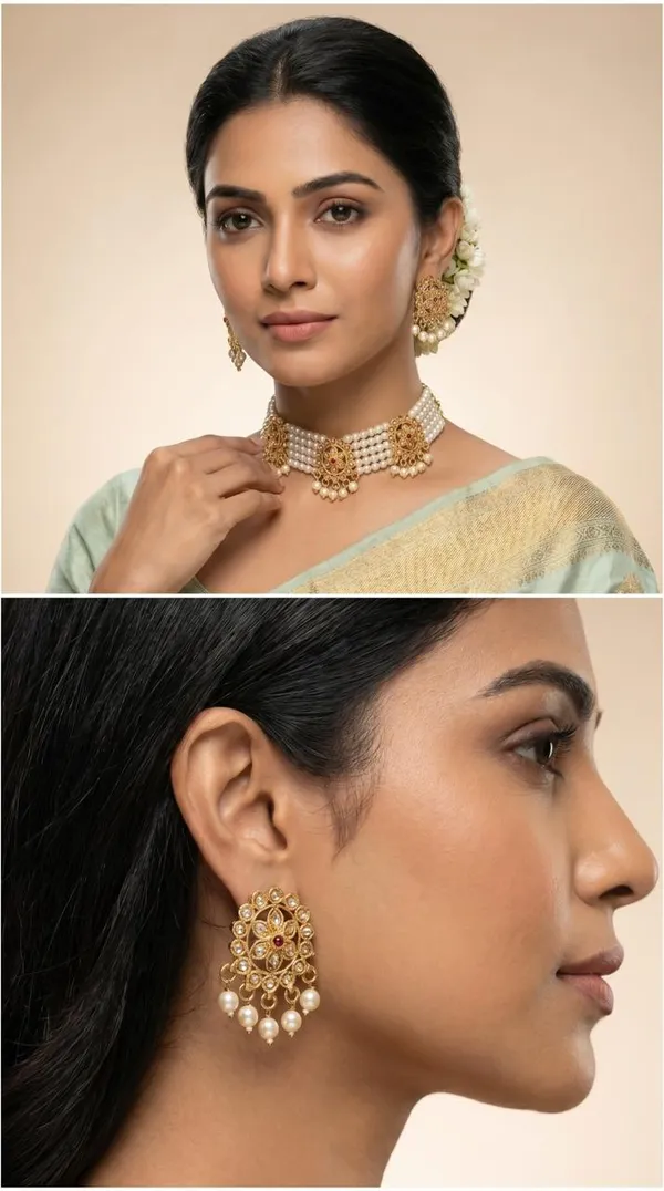 Meenakari_Pearl_Choker_Necklace_Set_with_Green_Beads_&_Peacock_Design