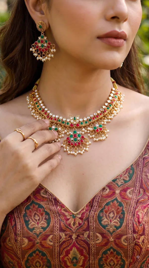 Royal_Kundan_Necklace_Set_with_Matching_Earrings_&_Mang_Tikka,_Multicolor_Stone_and_Pearl_Embellished_Traditional_Bridal_Jewellery_Set
