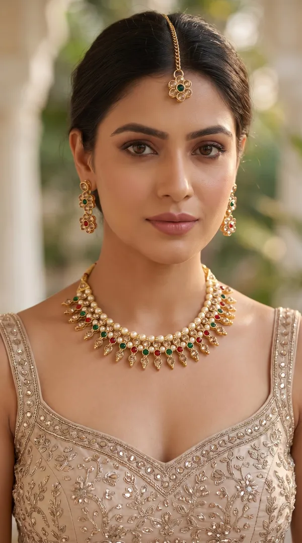 Elegant_Gold-Tone_Multicolour_Stone_Necklace_Set_with_Matching_Floral_Drop_Earrings_&_Maang_Tikka
